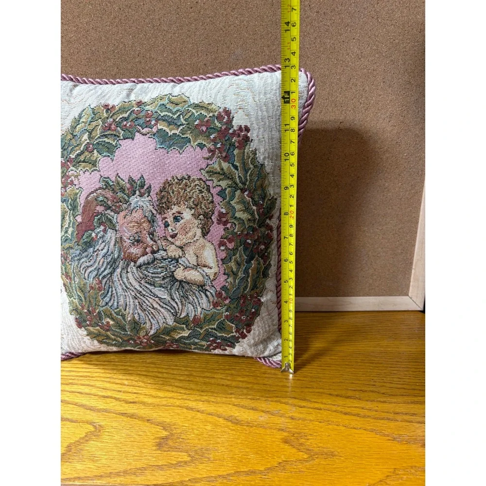 Vintage Christmas Tapestry Santa and‎ Cherub Throw Pillow Pink Rope Trim 12x12